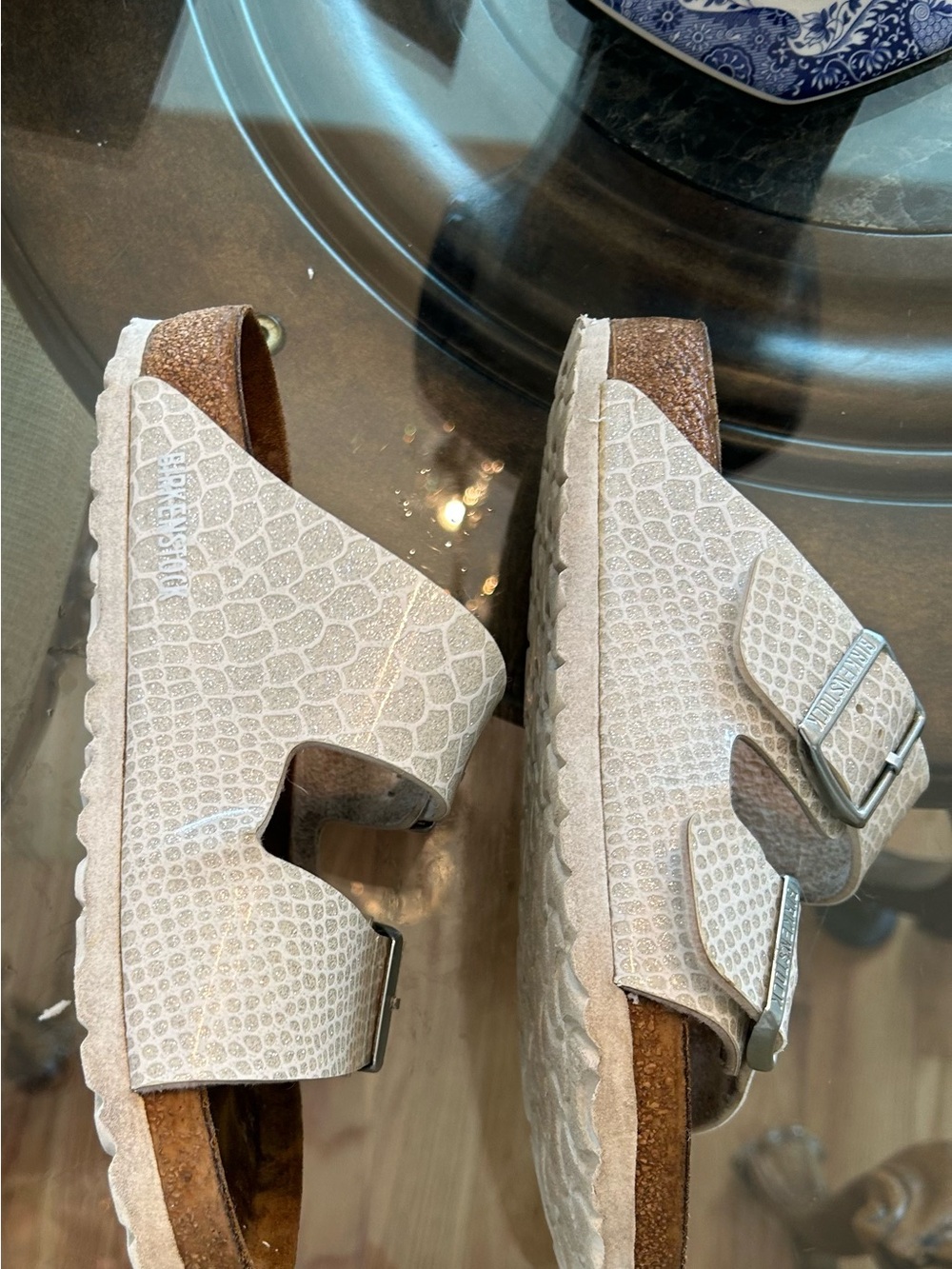 Birkenstock Arizona Two-Strap Sandals in Light Beige Croc-Embossed - Picture 4 of 9